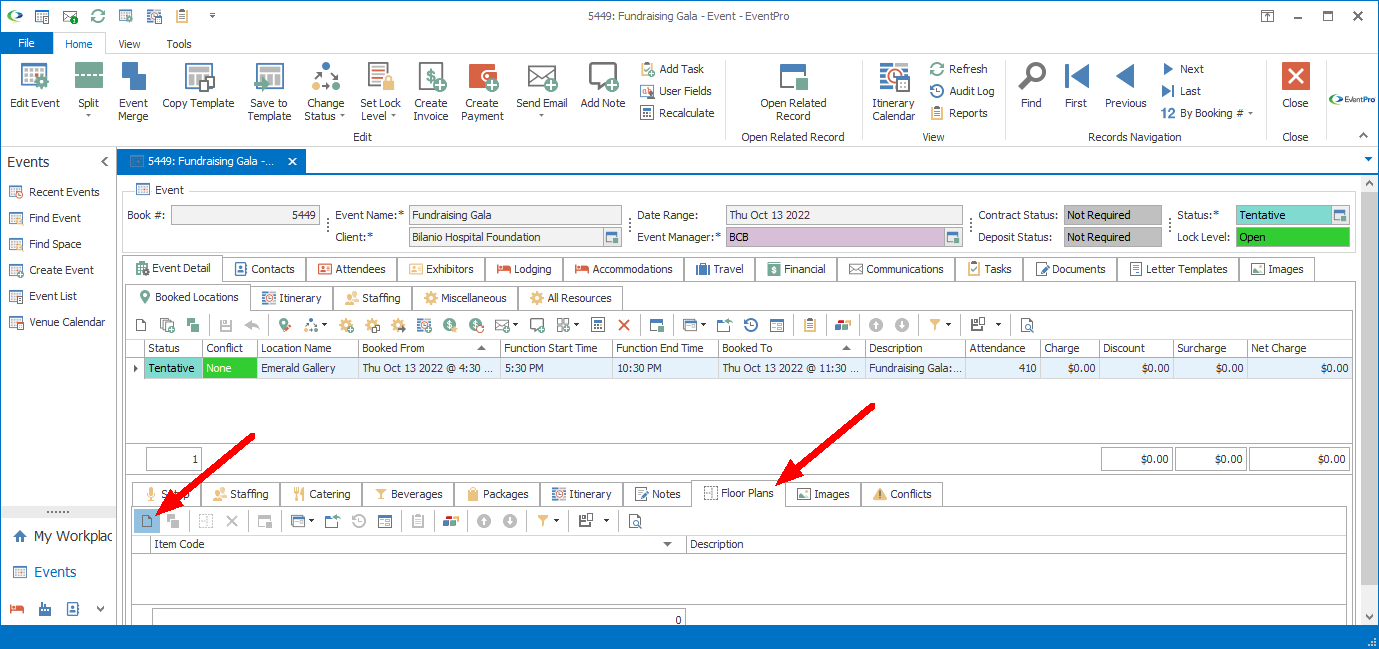 Screenshot of Event Location edit form, pointing to Floor Plans tab. 