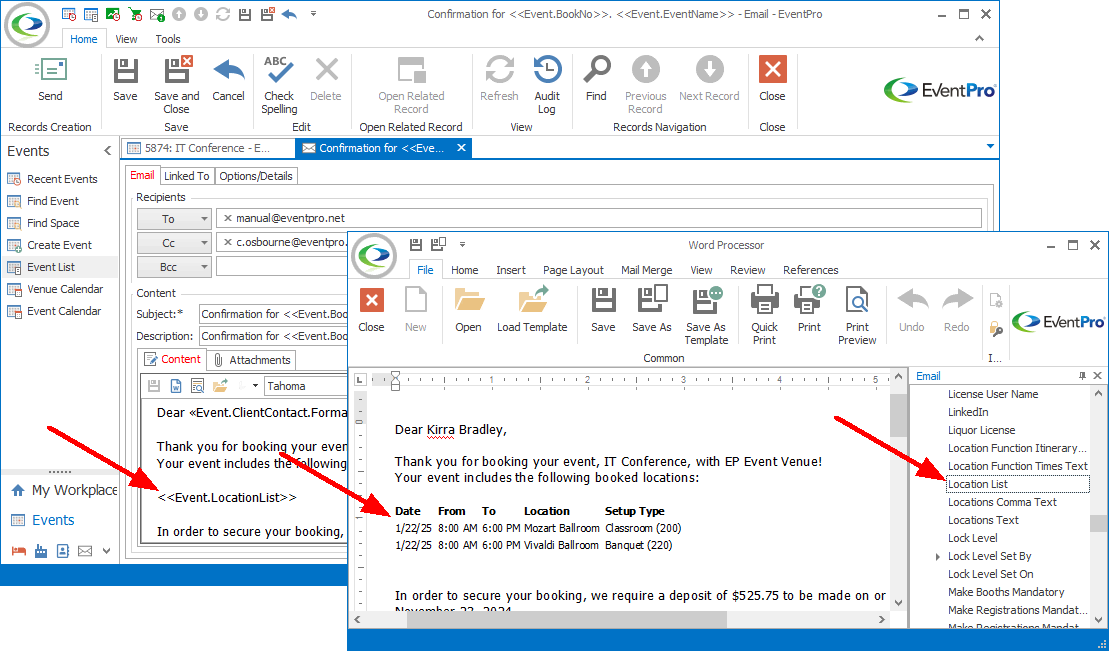 Figure 346: Sample of Location List Merge Field in Email 