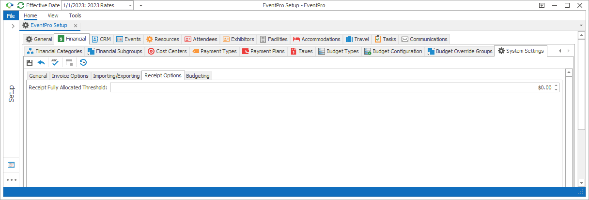 Screenshot of Receipt Options sub-tab under Setup Financial System Settings. 