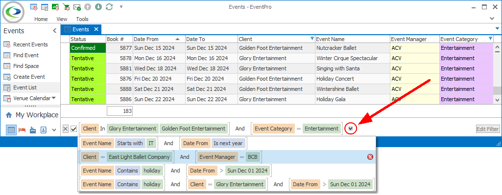 Screenshot of filter panel at bottom of Events List selection grid