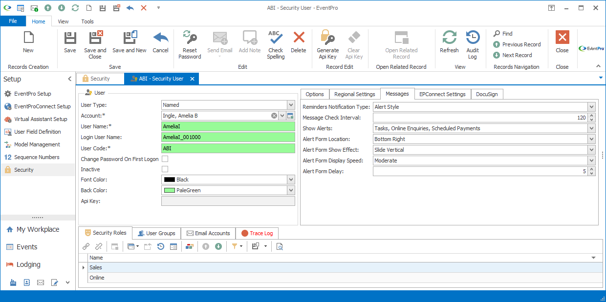 Screenshot of User edit form displaying Messages settings tab. 