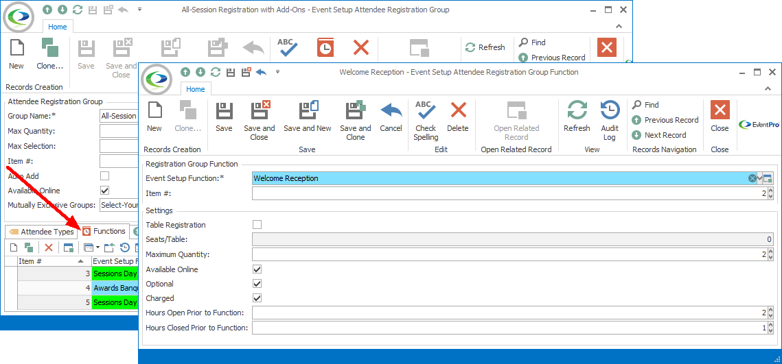 Screenshot of Event Setup Attendee Registration Group Function edit form. 