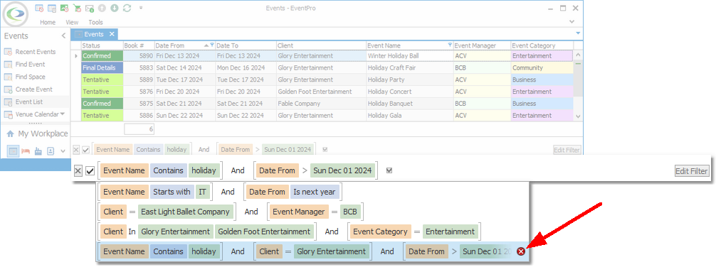 Screenshot of filter panel at bottom of Events List, pointing to clear filter x