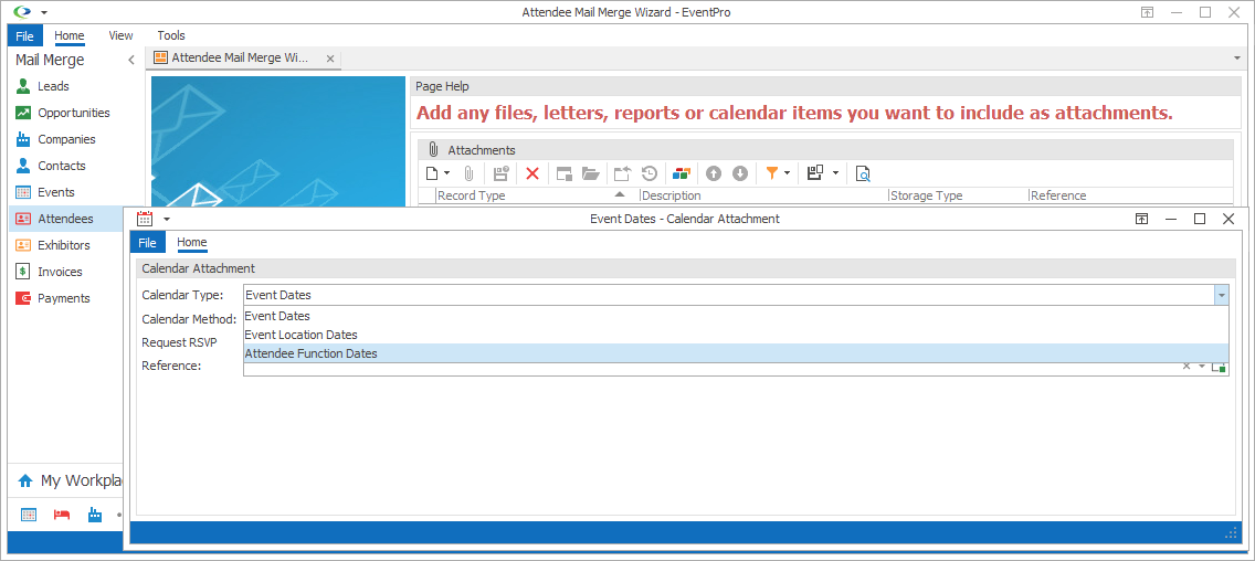 Screenshot of Calendar Attachment window, displaying Type drop-down list. 
