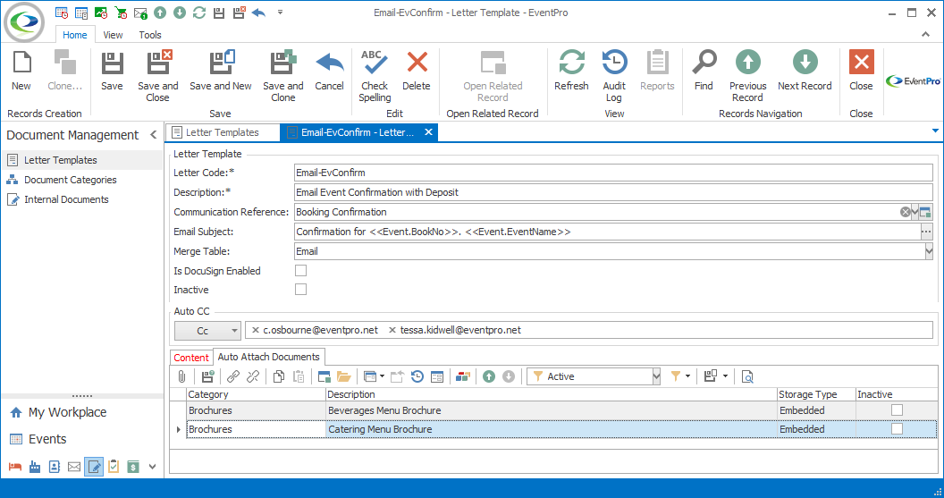 Screenshot of files linked under Auto Attach Documents tab in Letter Template edit form. 