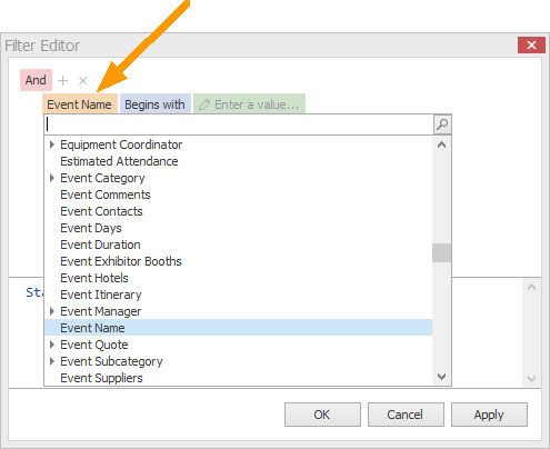 Screenshot of Filter Editor, displaying list of available Fields. 