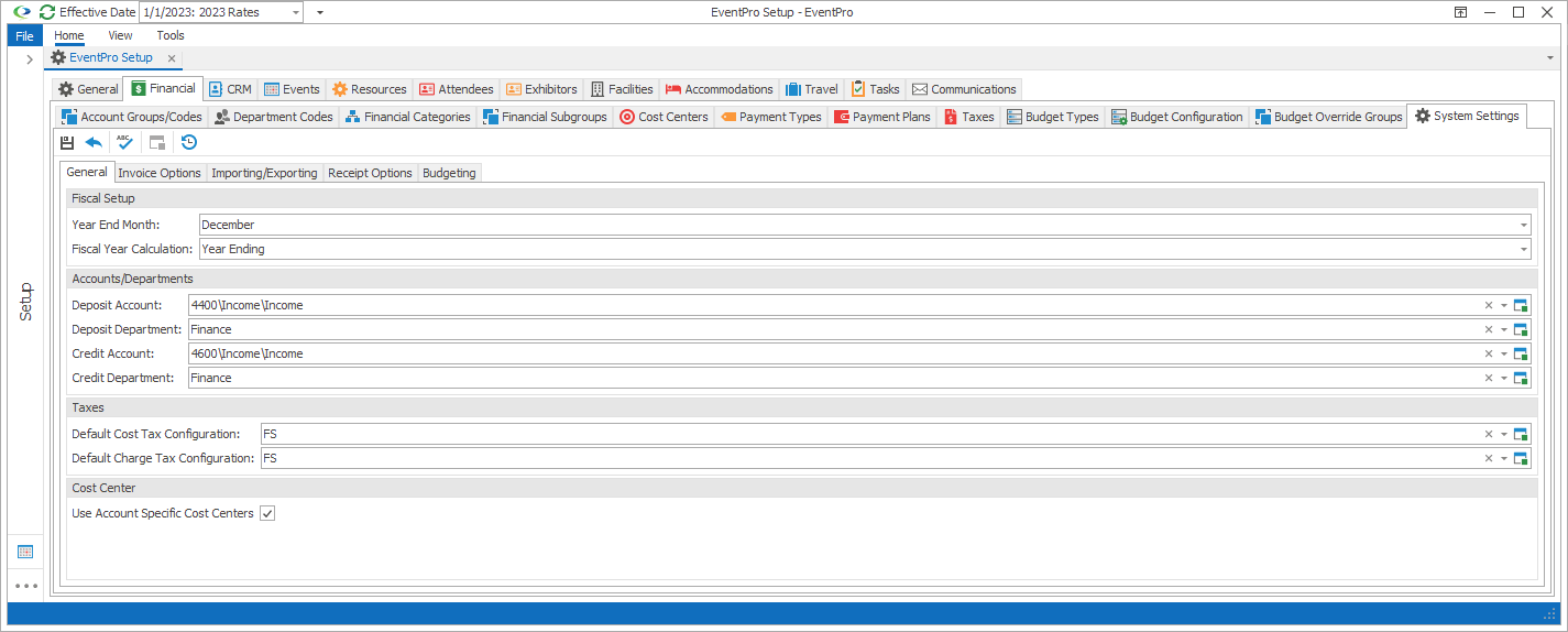 Screenshot of General sub-tab under Setup Financial System Settings. 