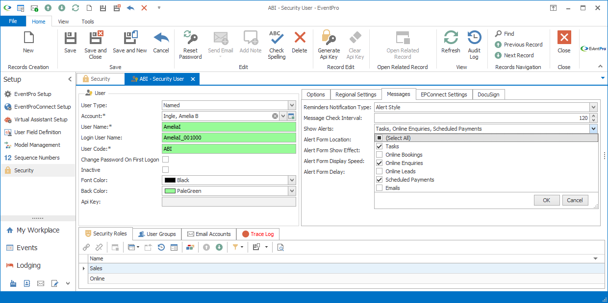 Screenshot of Security User Messages tab with Show Alerts drop-down list open. 