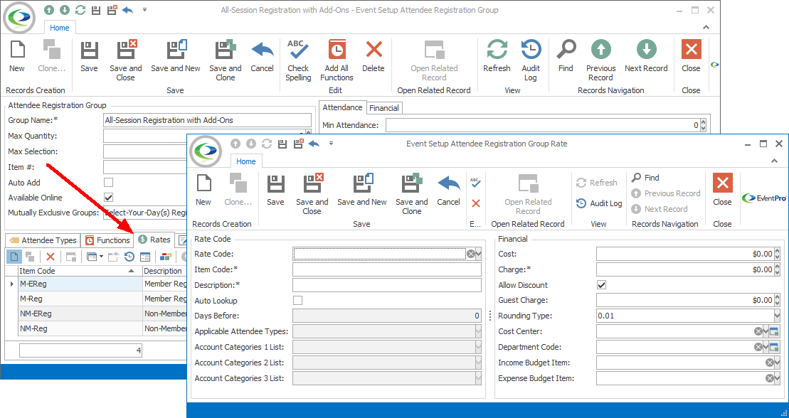 Screenshot of the Event Setup Attendee Registration Group Rate edit form. 