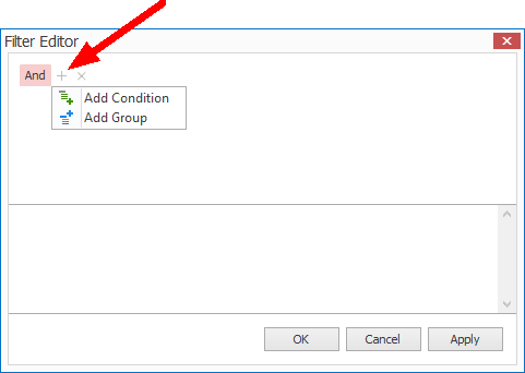 Screenshot of Filter Editor, pointing to Add Condition command. 