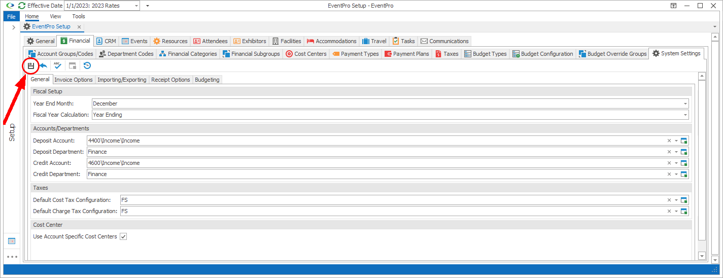 Screenshot of Setup Financial System Settings, pointing to Save command above sub-tabs. 