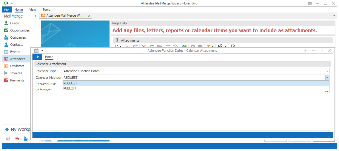 Screenshot of Calendar Attachment window, displaying Method drop-down list. 