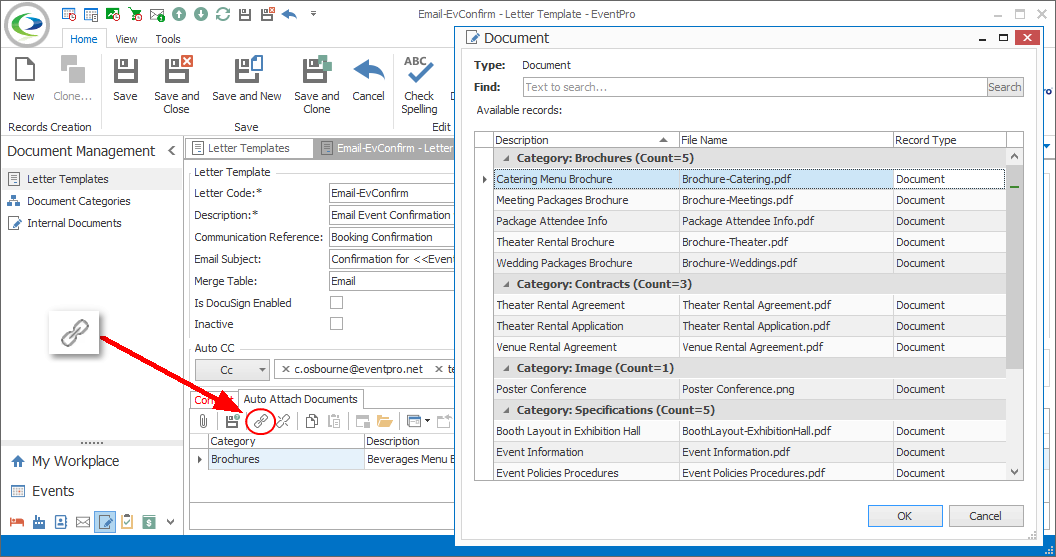 Screenshot of Letter Template edit form, pointing to Link command under Auto Attach Documents tab, and displaying Document window. 