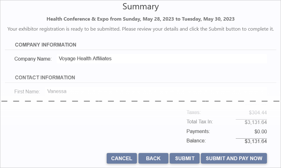 Sample Exhibitor Summary page viewed in browser. 