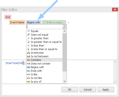 Screenshot of Filter Editor, displaying list of Operators. 