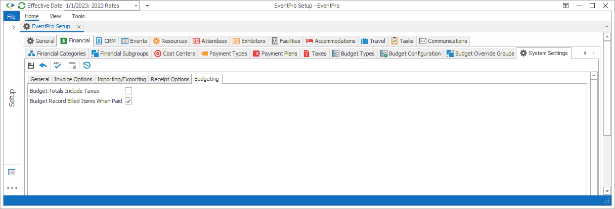 Screenshot of Budgeting sub-tab under Setup Financial System Settings. 
