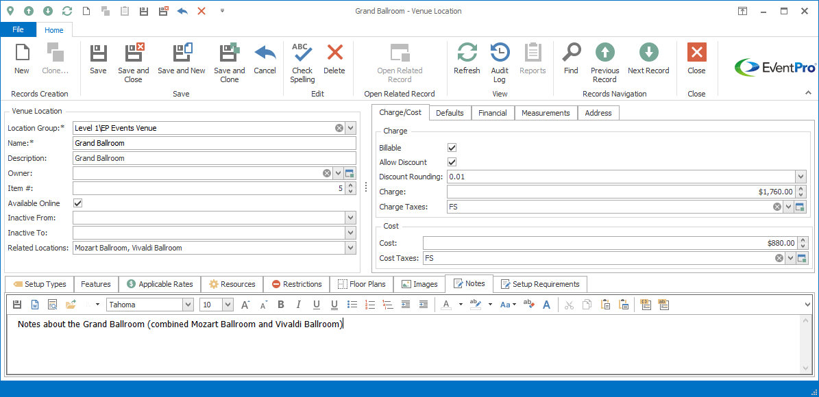Screenshot of Venue Location edit form, displaying Notes tab. 