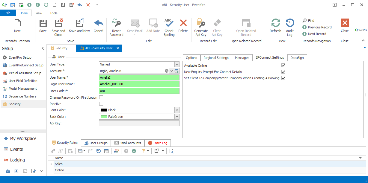Screenshot of EPConnect Settings tab in Security User edit form. 