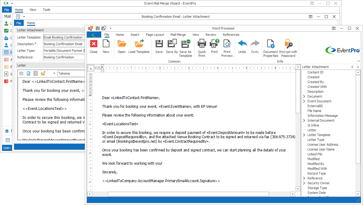Screenshot of Word Processor opened from mail merge Letter Attachment edit form. 