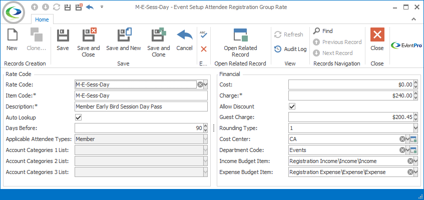 Screenshot of Event Setup Attendee Registration Group Rate edit form. 