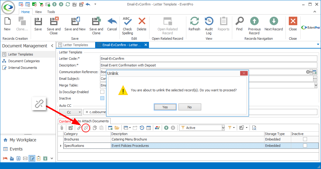Screenshot of Auto Attach Documents tab in Letter Template edit form, pointing to Unlink command. 