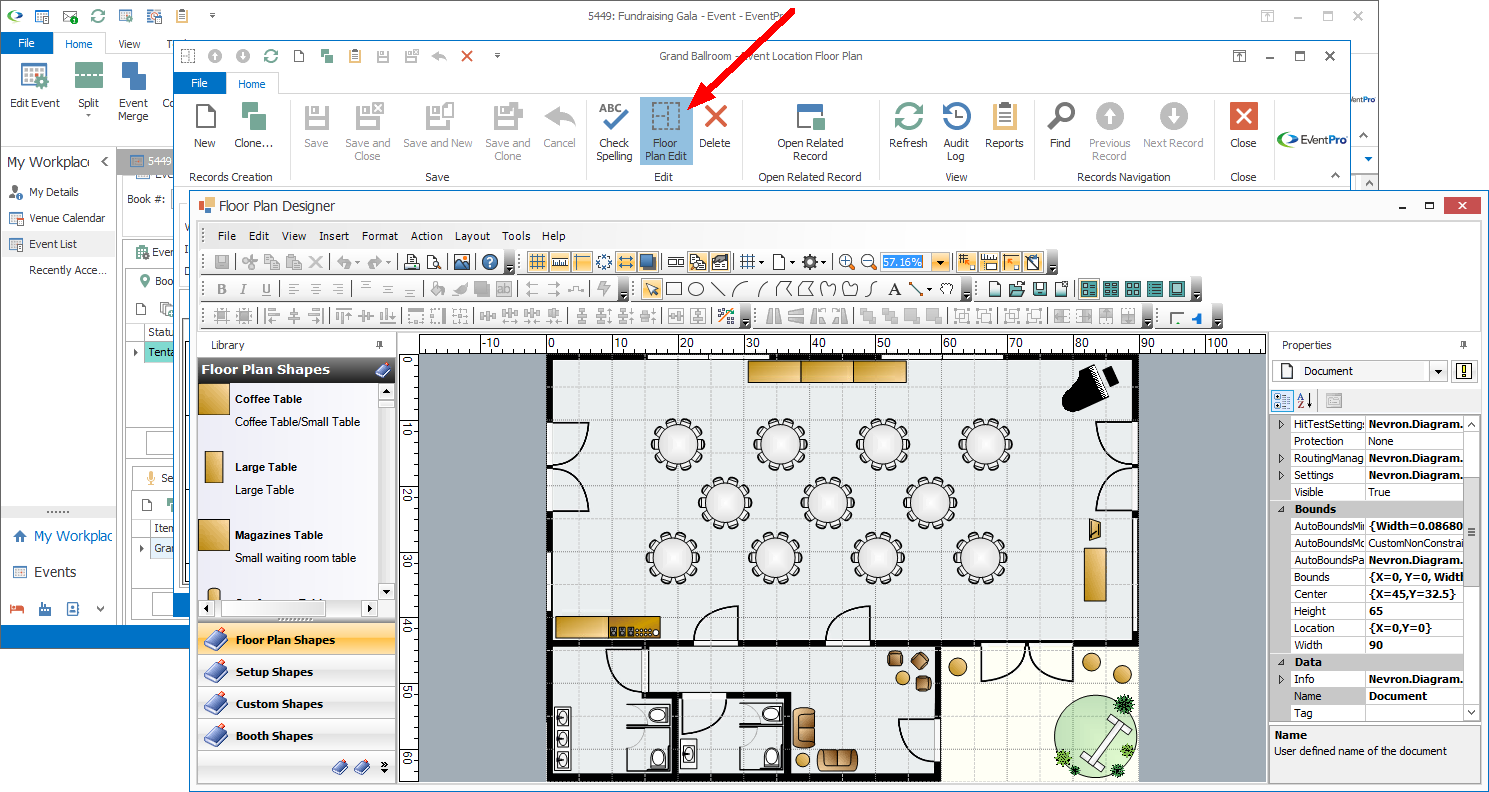 Screenshot of Floor Plan Designer opened from Event Location Floor Plan edit form. 