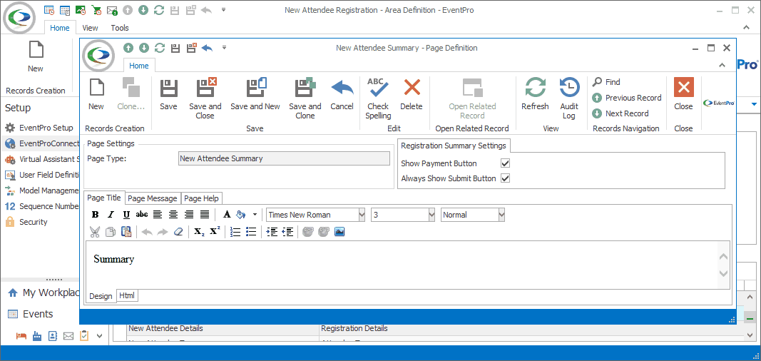 Screenshot of New Attendee Summary Page Definition opened from New Attendee Registration Area Definition. 