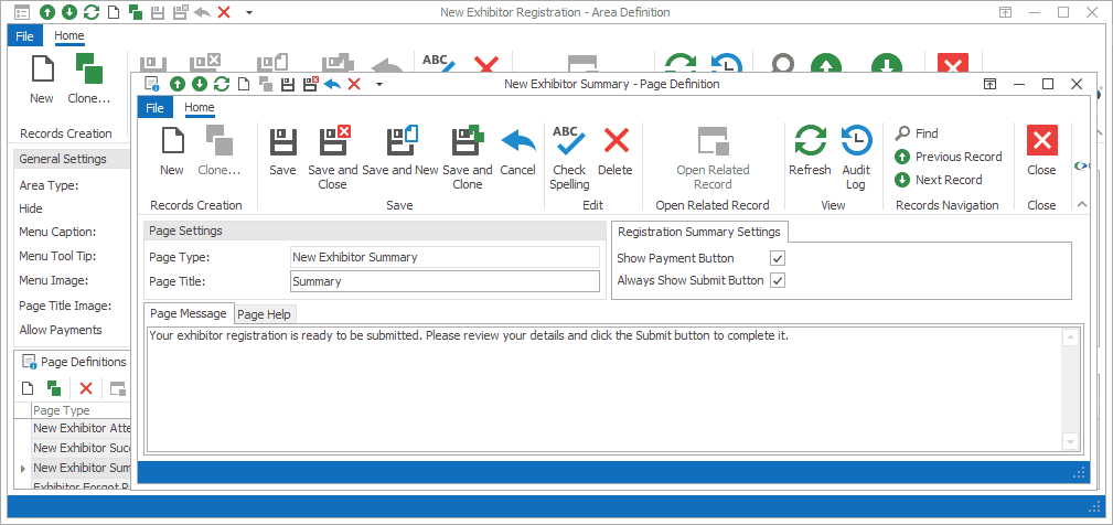 Screenshot of Summary Page Definition opened from Exhibitor New Registration Area Definition. 