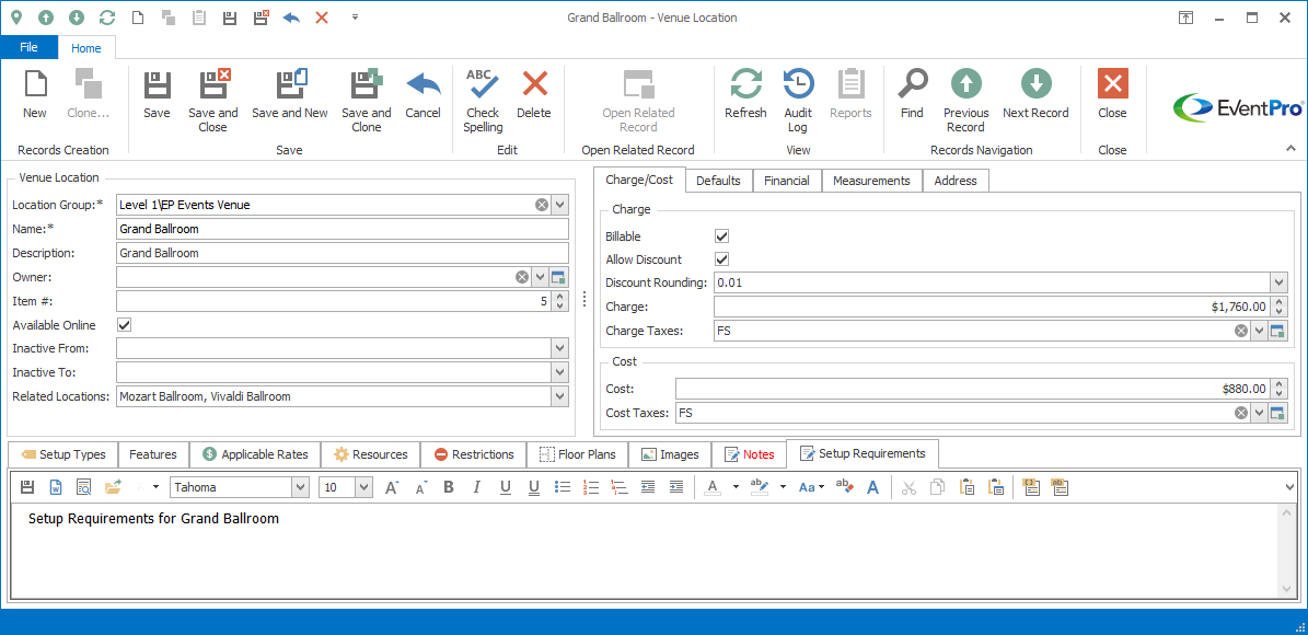 Screenshot of Venue Location edit form, displaying Setup Requirement tab. 