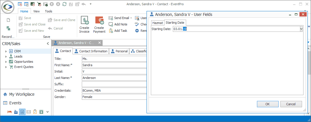 Screenshot of Contact's User Fields window, entering date in format required by Edit Mask. 