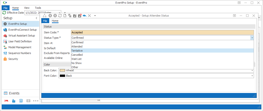 Screenshot of Setup Attendee Status edit form, displaying Status Type drop-down list. 