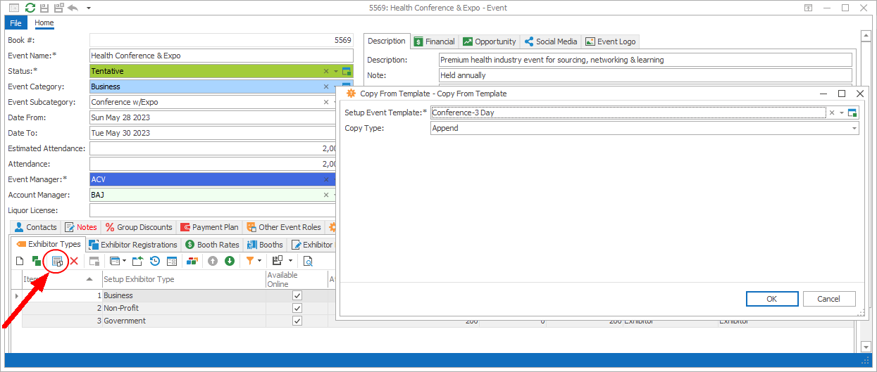 Screenshot of Copy From Template window opened from Exhibitor Types tab. 