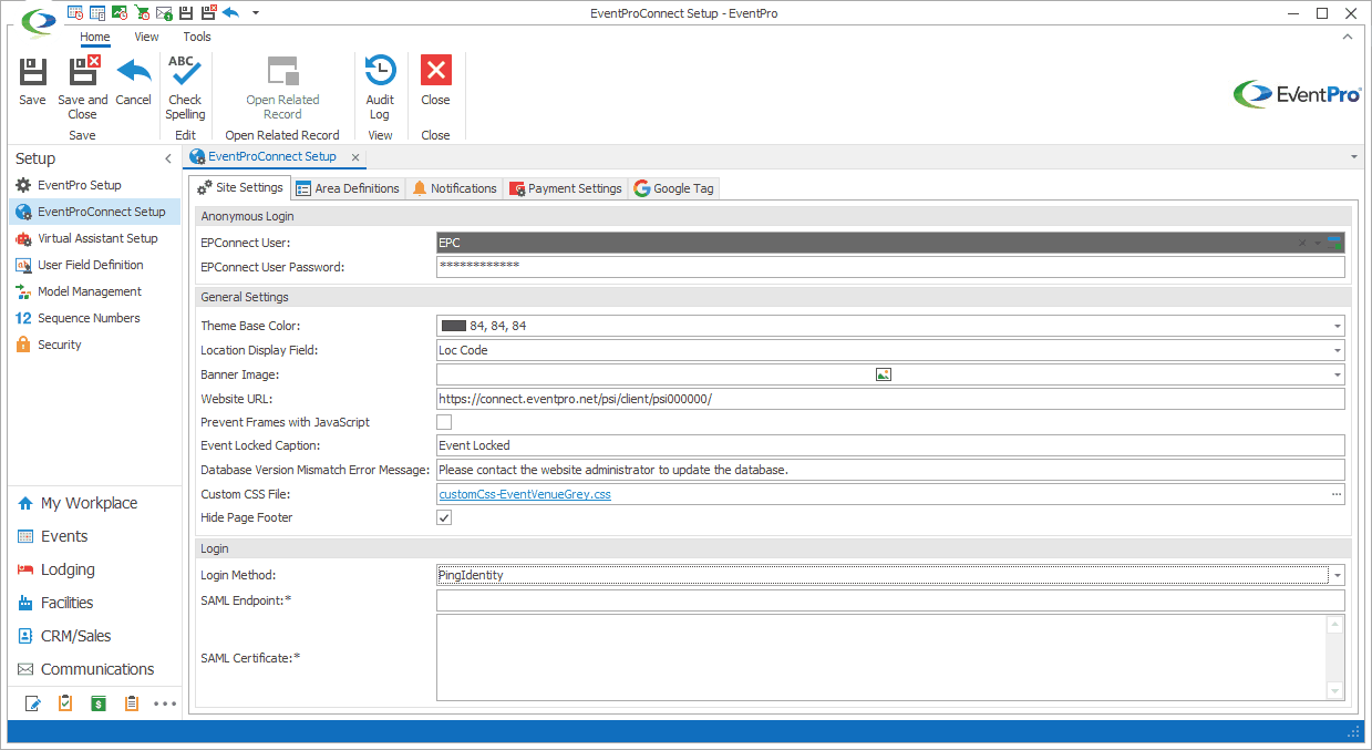 Screenshot of Ping Identity selected as login method in EPConnect Setup Site Settings. 