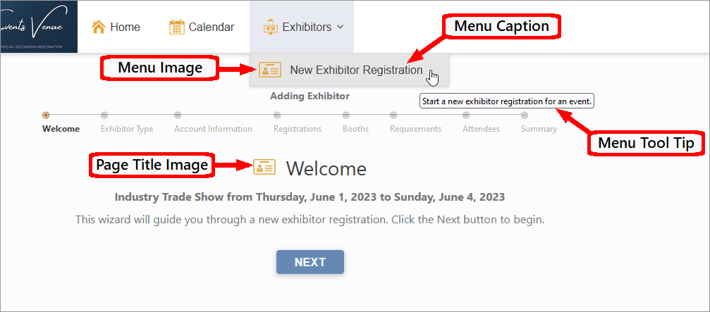 Screenshot of sample Exhibitor Registration area online, labelling General Settings options. 