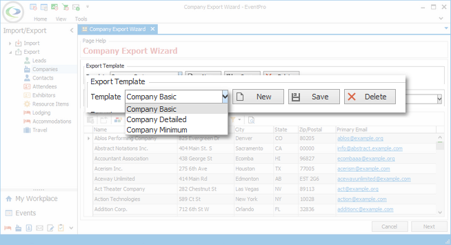 Screenshot of Export Wizard, displaying Export Template drop-down list. 