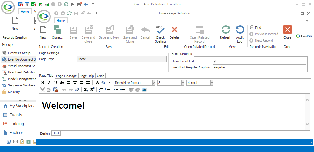 Screenshot of Home Page Definition edit form, opened from Home Area Definition edit form. 