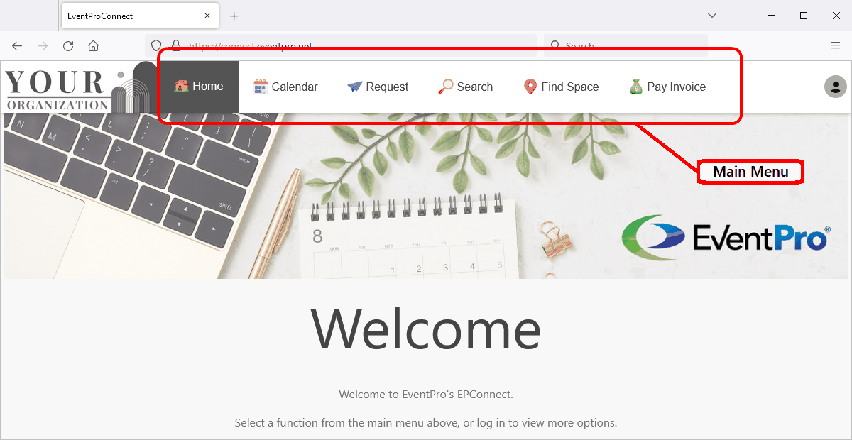 Screenshot of EPConnect Main Menu showing Main Menu Items selected in Setup. 