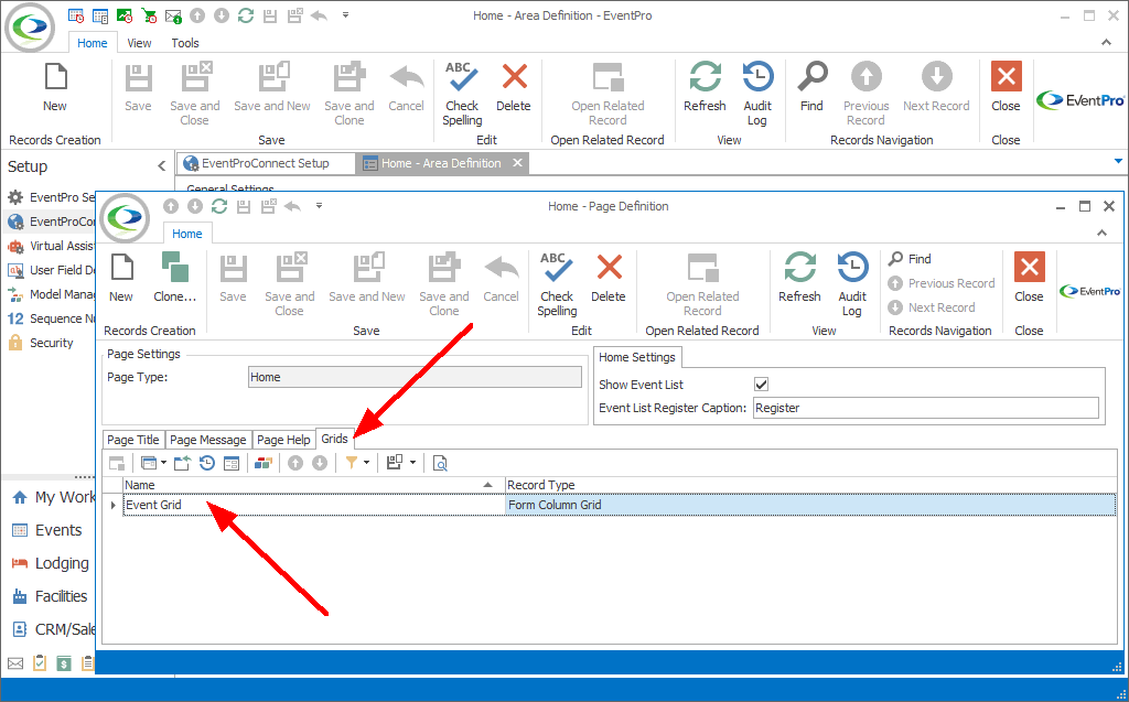 Screenshot of Home Page Definition edit form, pointing to Grids tab. 