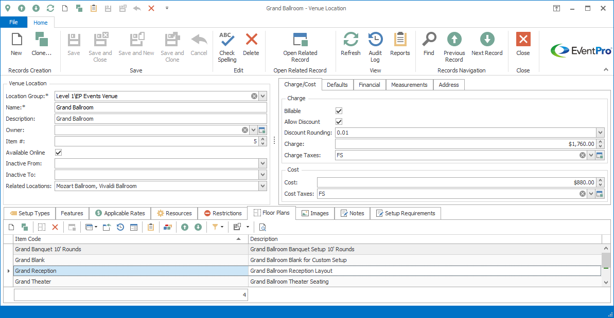 Screenshot of Venue Location edit form, displaying Floor Plans tab. 