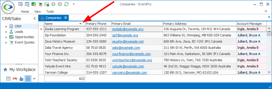 Screenshot of Companies selection grid Sort Descending by Name. 