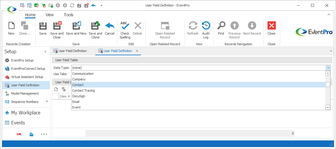 Screenshot of User Field Definition edit form, displaying Data Type selection list. 