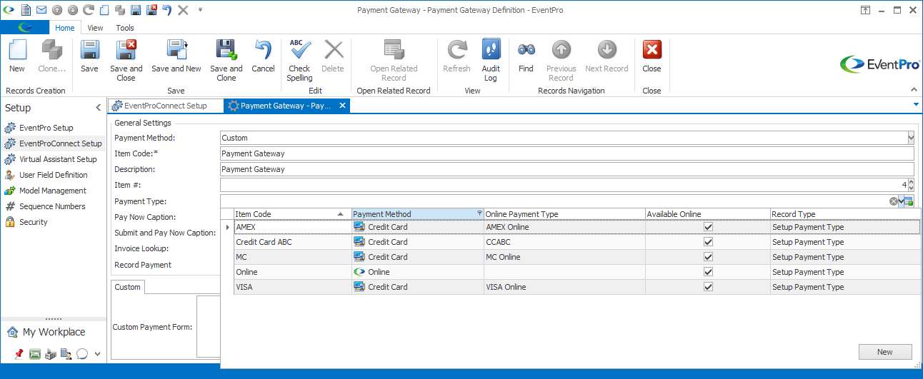 Payment Gateway Definition edit form showing Payment Type drop-down list
