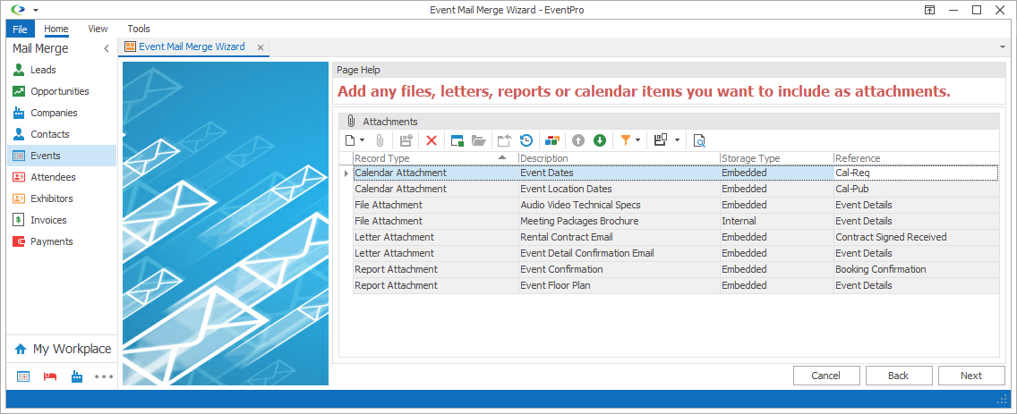 Screenshot of Attachments page of Event Mail Merge Wizard, with multiple Attachment types. 