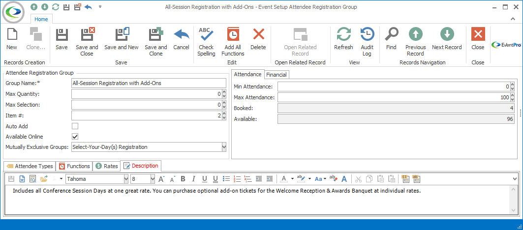 Screenshot of Description tab in Event Setup Attendee Registration Group tab. 