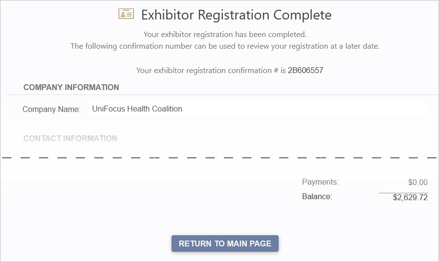 Sample Exhibitor Success Registration Complete page viewed in browser. 