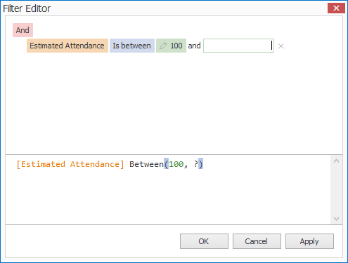 Screenshot of Filter Editor, demonstrating in between values. 