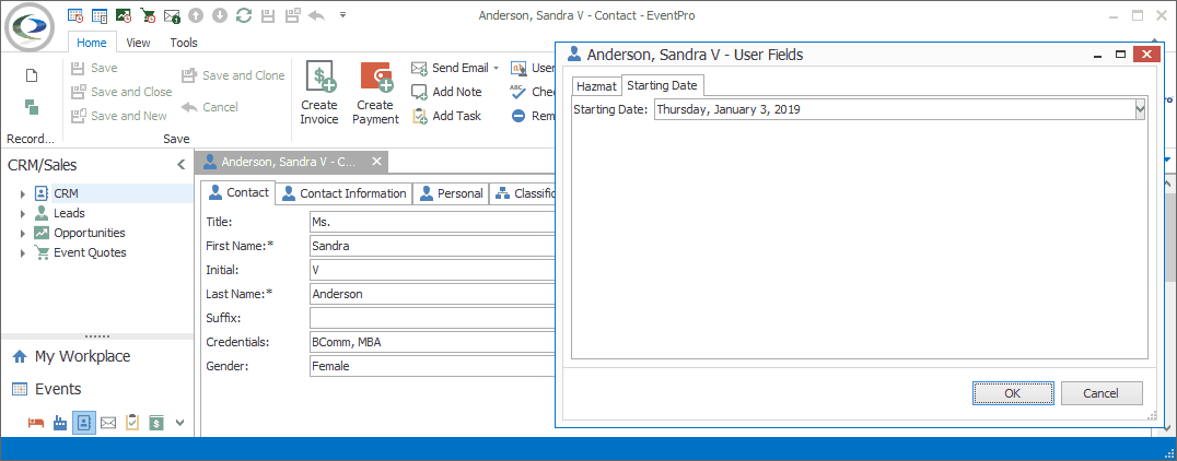 Screenshot of Contact's User Fields window, displaying the date in Display Format, although entered differently with Edit Mask. 