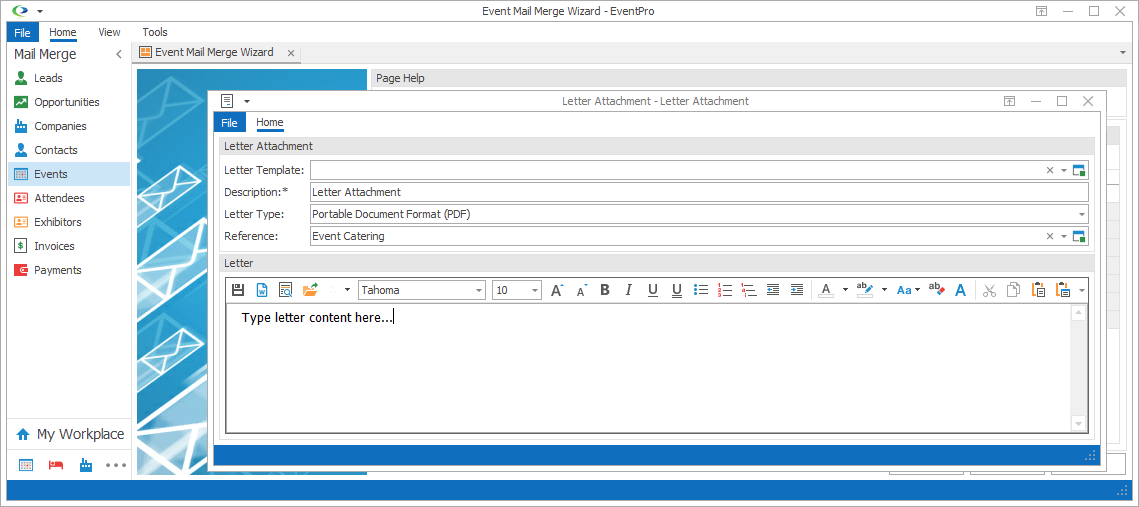 Screenshot of mail merge Letter Attachment window, manually typing letter content. 