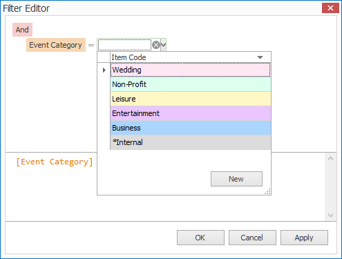 Screenshot of Filter Editor, displaying value selection drop down list. 