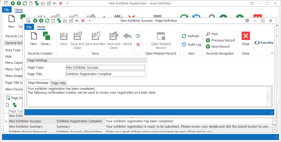 Screenshot of Success Page Definition opened from Exhibitor New Registration Area Definition. 